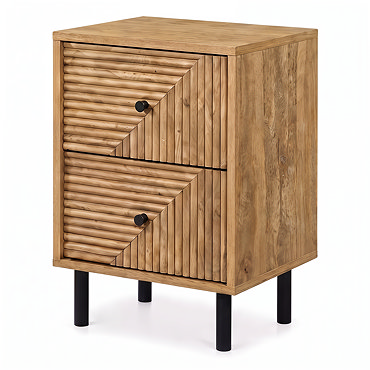 front on cut out image of geometric two drawer bedside table with black handles and legs