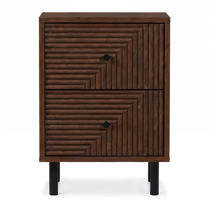 front on image of two drawer bedside table with black legs and geometric front design