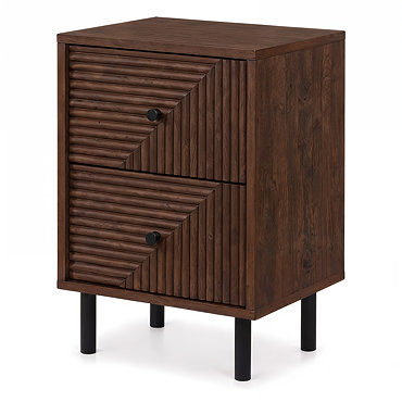 front on image of two drawer bedside table with black legs and geometric front design