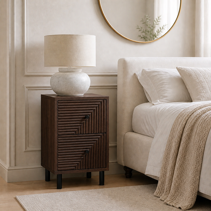 lifestyle image of walnut two drawer geometric bedside table