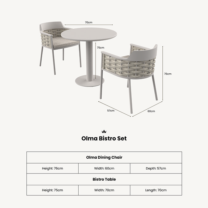 cut out of woven bistro set with dimensions specification written below