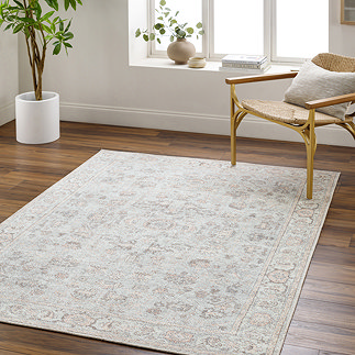 image of vintage oriental rug with floral pattern in tan, grey and brown