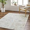 image of light grey-blue floral oriental rug on mid wood flooring of apartment
