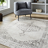 image of brown-grey vintage oriental rug on light wood flooring of apartment