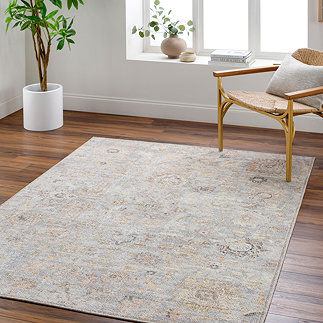 image of vintage floral grey and beige rug on wooden flooring with chair on top