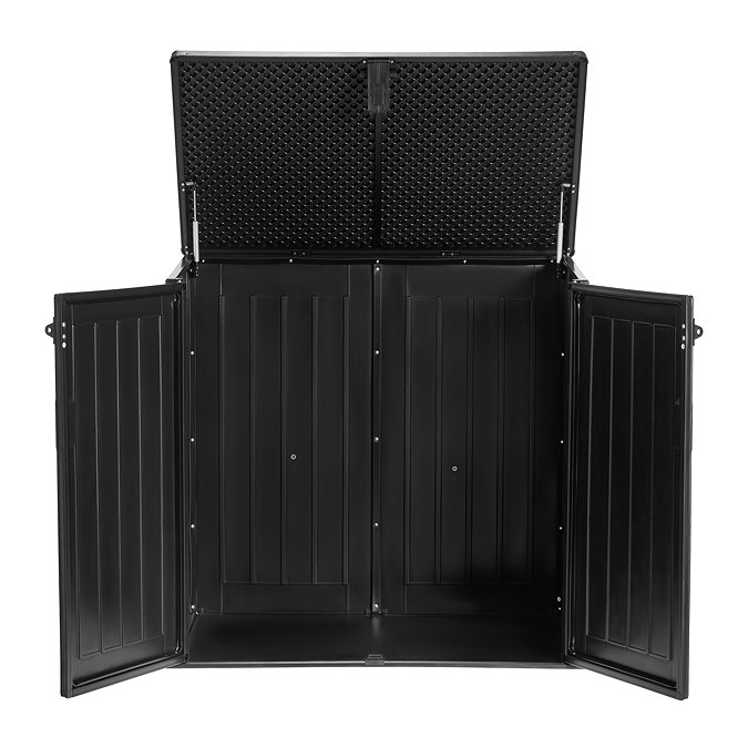 image cut out on white background of black plastic storage box with top and front doors open to reveal space inside