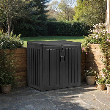 image cut out on white background of plastic black squat storage box