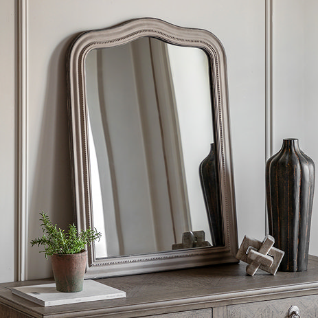 image of classic grey washed mirror with decorative detail