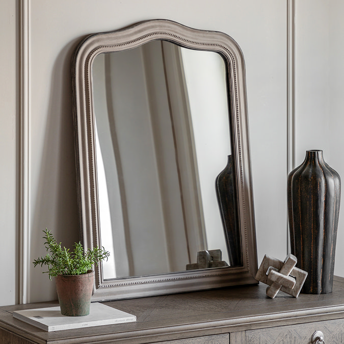 image of classic grey washed mirror with decorative detail