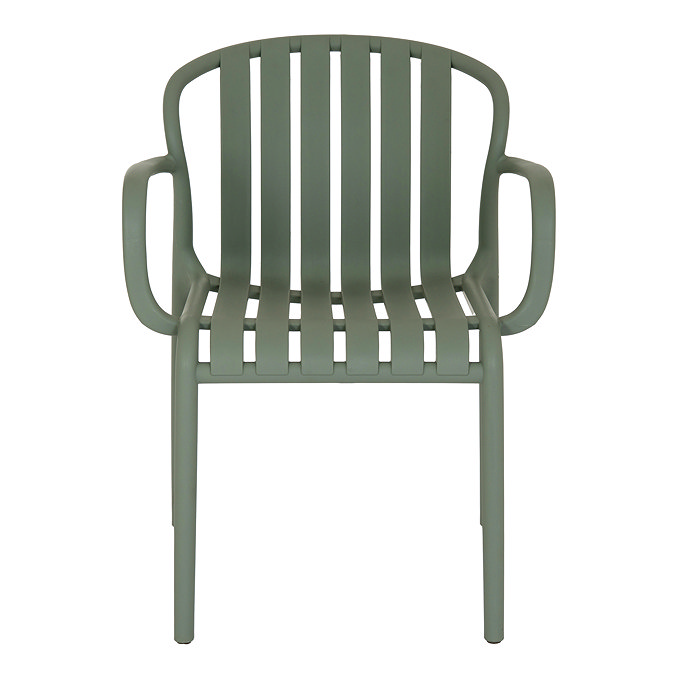front on image cut out on white background of grey-green plastic dining chair with arms