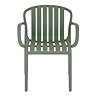 front on image cut out on white background of grey-green plastic dining chair with arms