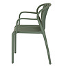 side on image cut out on white background of grey-green plastic dining chair with arms
