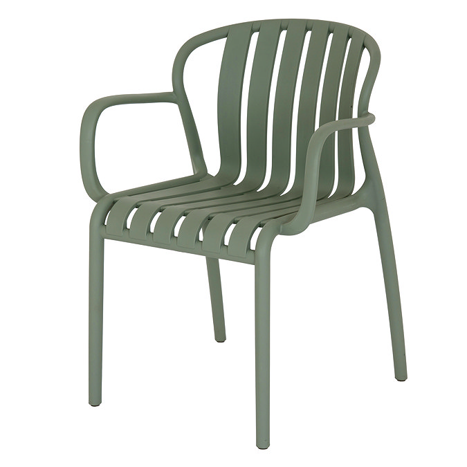 image cut out on white background of french grey plastic dining chair with arms