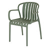 image cut out on white background of french grey plastic dining chair with arms