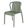 image cut out on white background of french grey plastic garden chair with slatted back and no arms