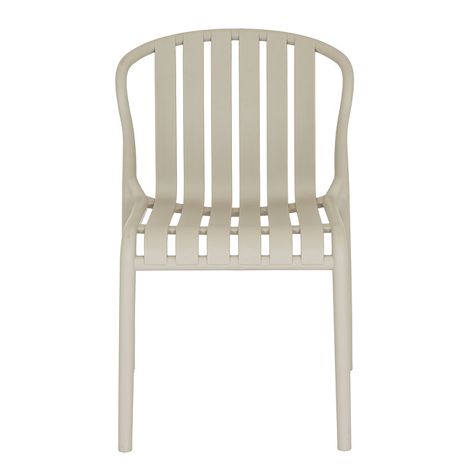 front on image cut out on white background of putty grey plastic dining chair with gently curved back
