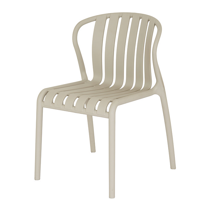 image cut out on white background of putty coloured plastic garden chair with rounded, slatted back and no arms