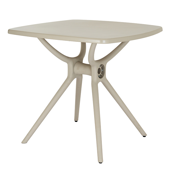 image cut out on white background of putty grey coloured square dining table