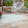image of rectangular sage green patterned rug on garden patio