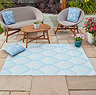 image of rectangular sky blue rug patterned with white leaves on patio