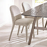 image of two beige chenille dining chairs tucked on one side of a black textured rectangular dining table