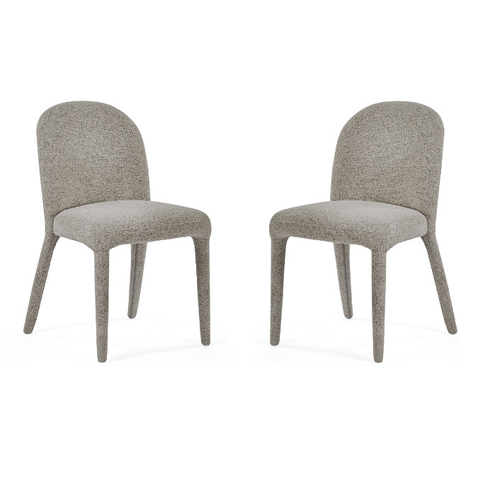 image cut out on white background of two grey chenille dining chairs