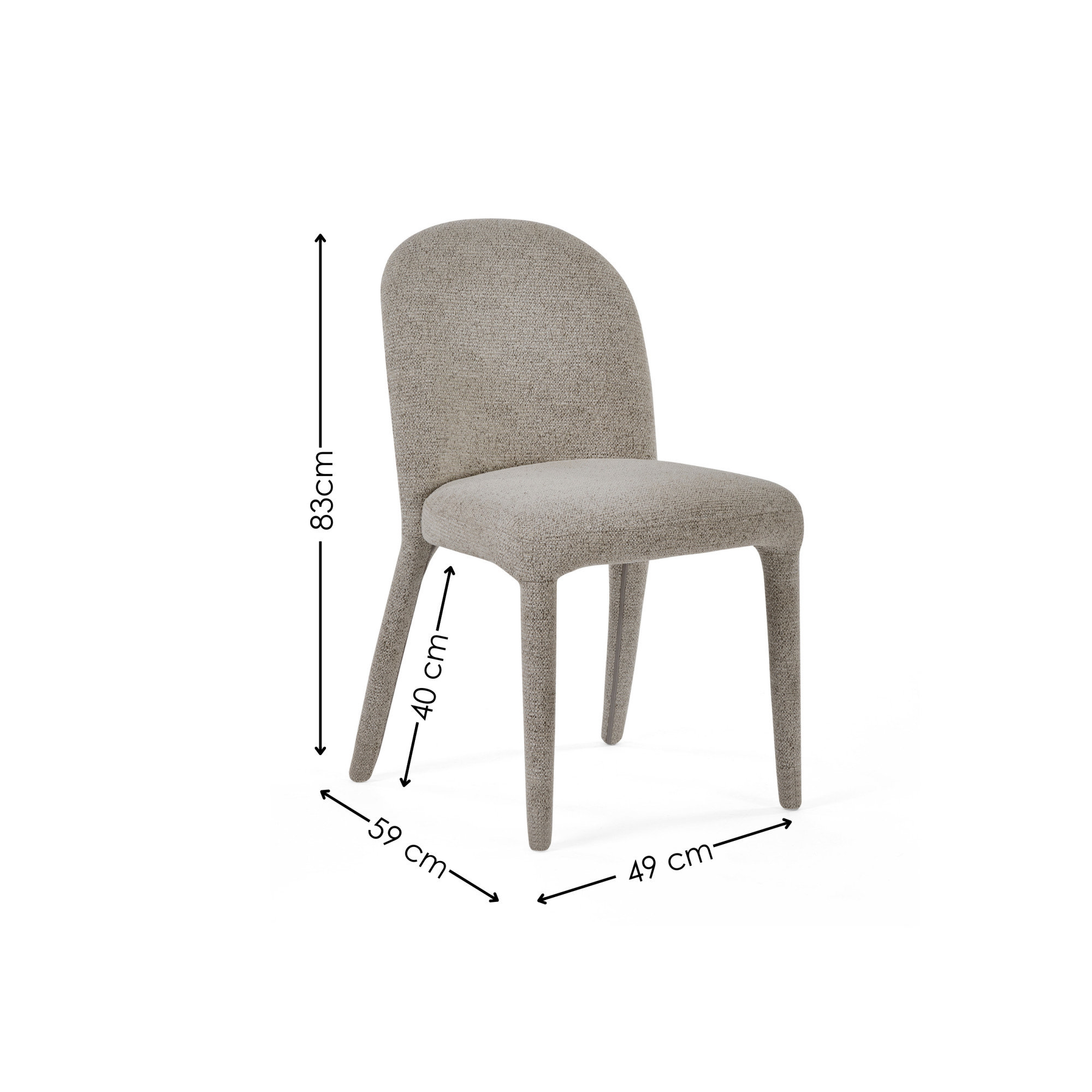 image cut out on white background of grey chenille dining chair with black arrow line dimensions