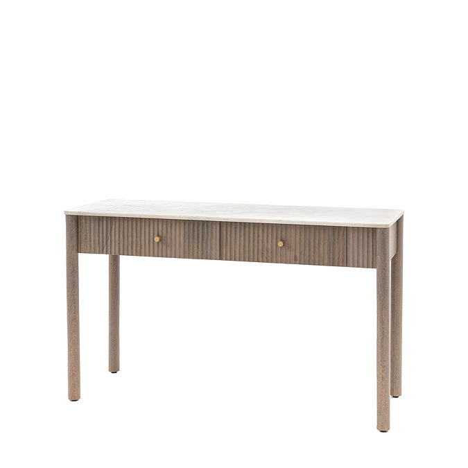 image cut out on white background of mango wood fluted console table with marble top