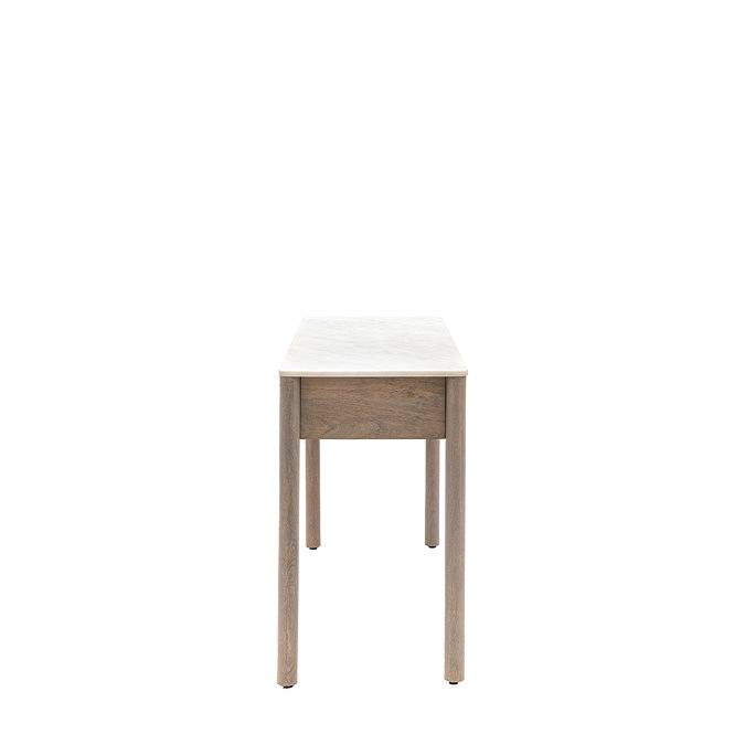 side on image cut out on white background of mango wood side table topped with marble
