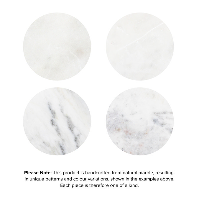 image of four circles of marble with differing designs, showing that each piece may vary due to the uniqueness of natural marble