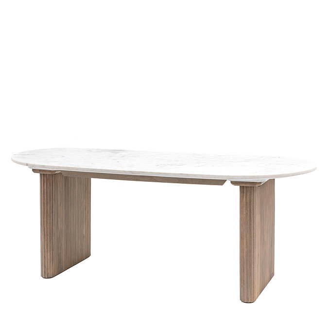 image cut out on white background of oval marble dining tabletop with ribbed solid mango wood legs