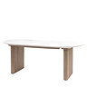 image cut out on white background of oval marble dining tabletop with ribbed solid mango wood legs