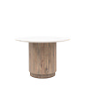 image cut out on white background of cylindrical ribbed mango wood base of dining table with white marble tabletop