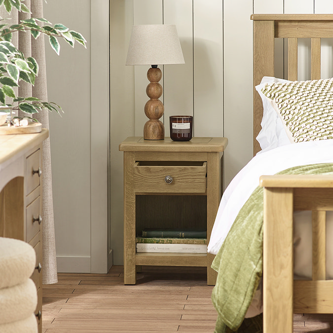 image of 1 drawer bedside table with drawer pulled out