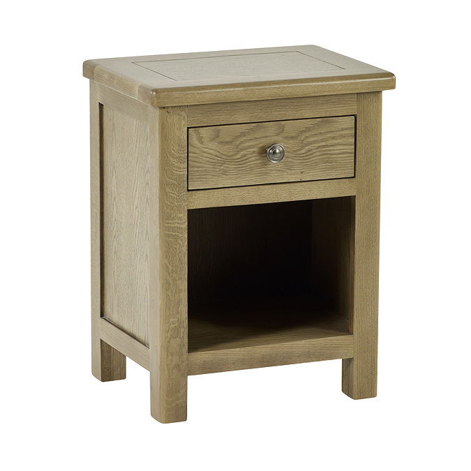 image cut out on white background of 1 drawer oak bedside table