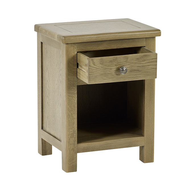 image cut out on white background of solid oak 1 drawer bedside table with drawer out and empty under shelf space