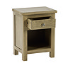 image cut out on white background of solid oak 1 drawer bedside table with drawer out and empty under shelf space