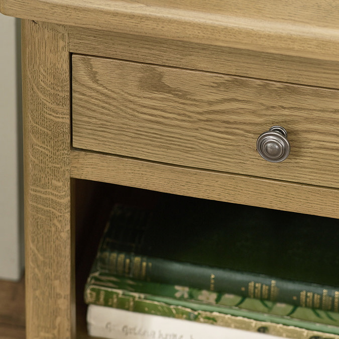 close up image of oak 1 drawer bedside table with small metal handle