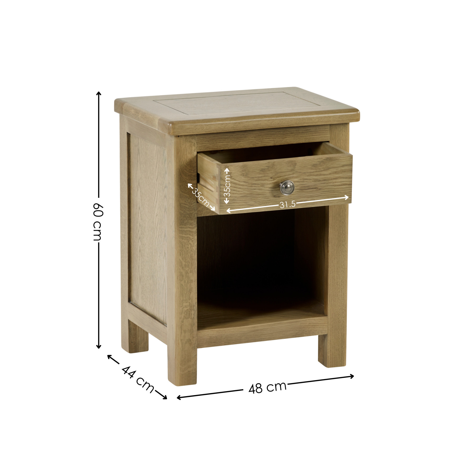 image cut out on white background of solid oak bedside table with black arrow line dimensions to show size