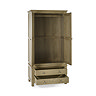 image on white background of classic oak wardrobe with doors and drawers open to show storage space within