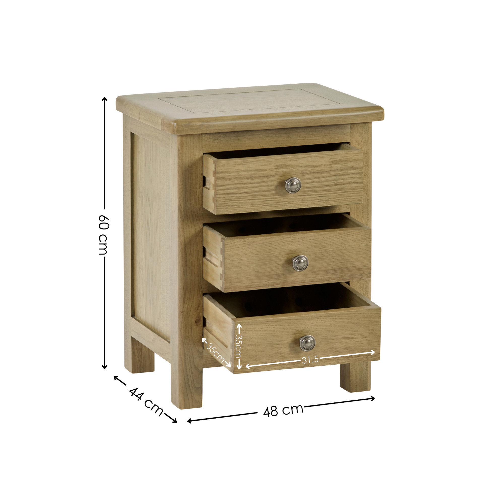 image cut out on white background of three drawer bedside table, with black arrow line dimensions to show size