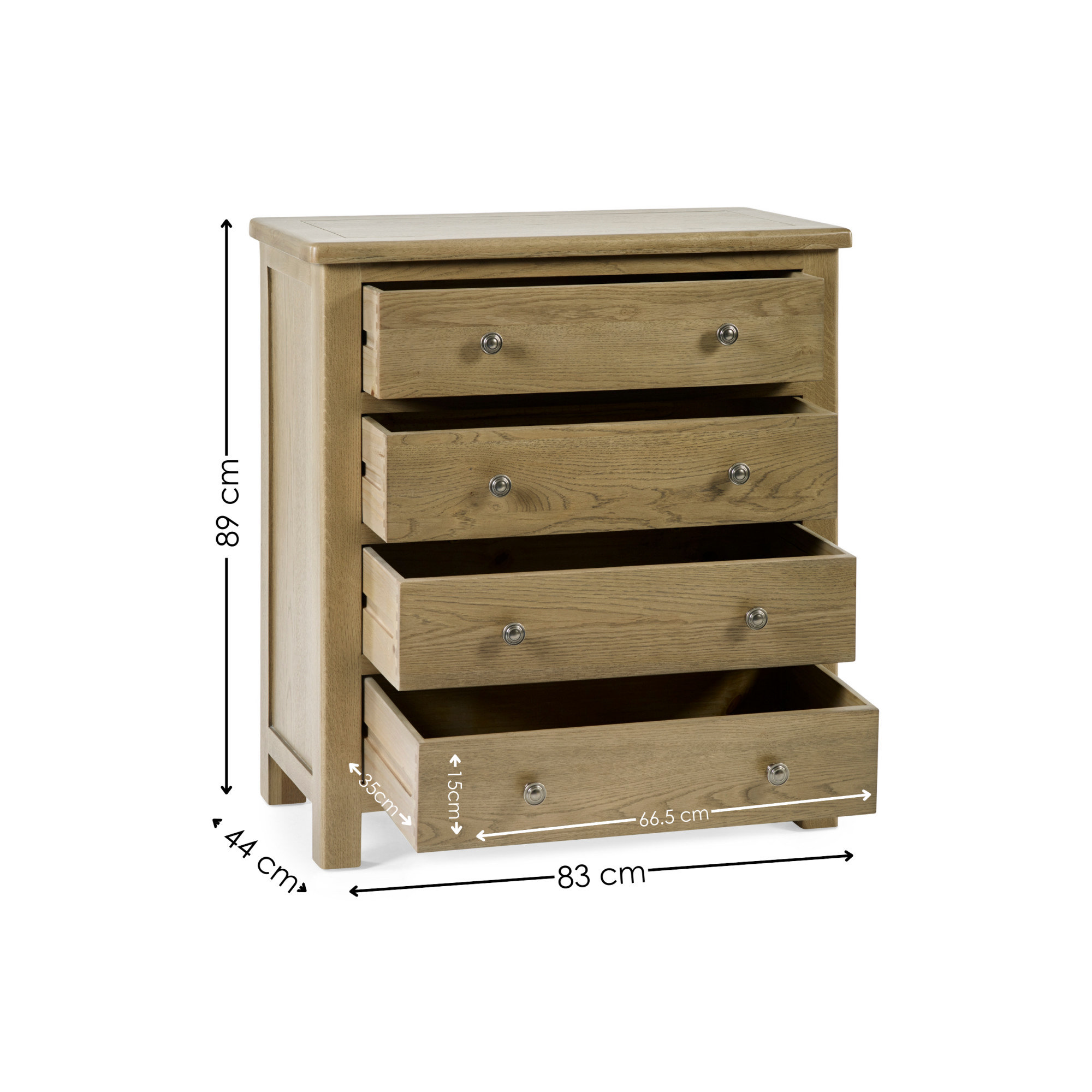 image cut out on white background of solid oak 4 drawer chest, with black arrow line dimensions to show size