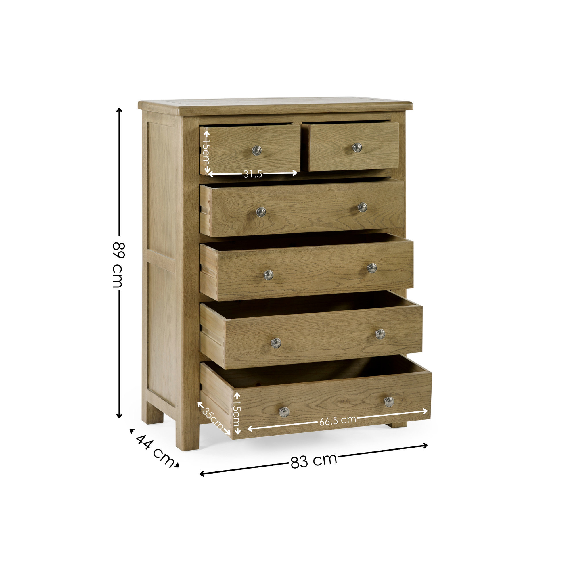 image cut out on white background of solid oak six drawer chest with black arrow line dimensions to show size