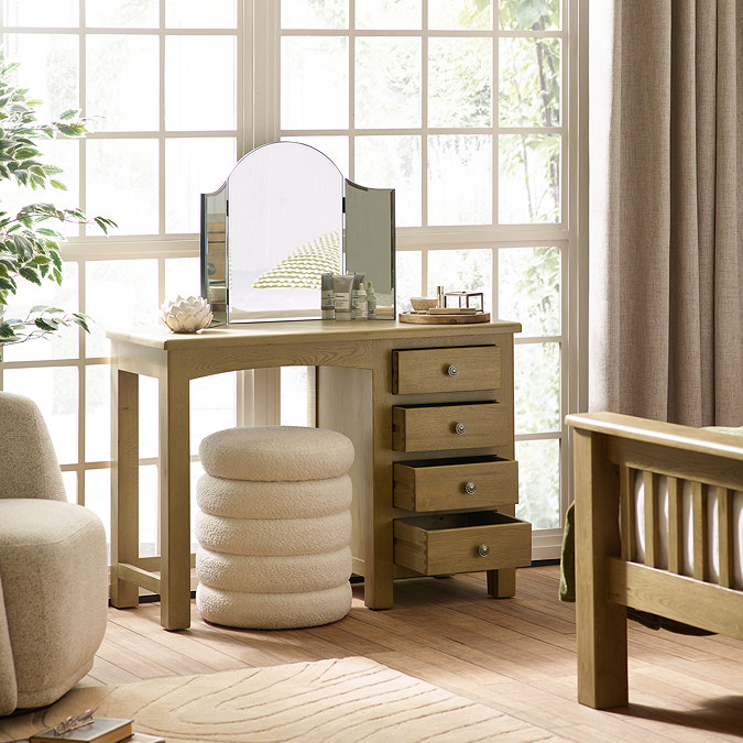 image of solid oak dressing table with four drawers on the right hand side opened up