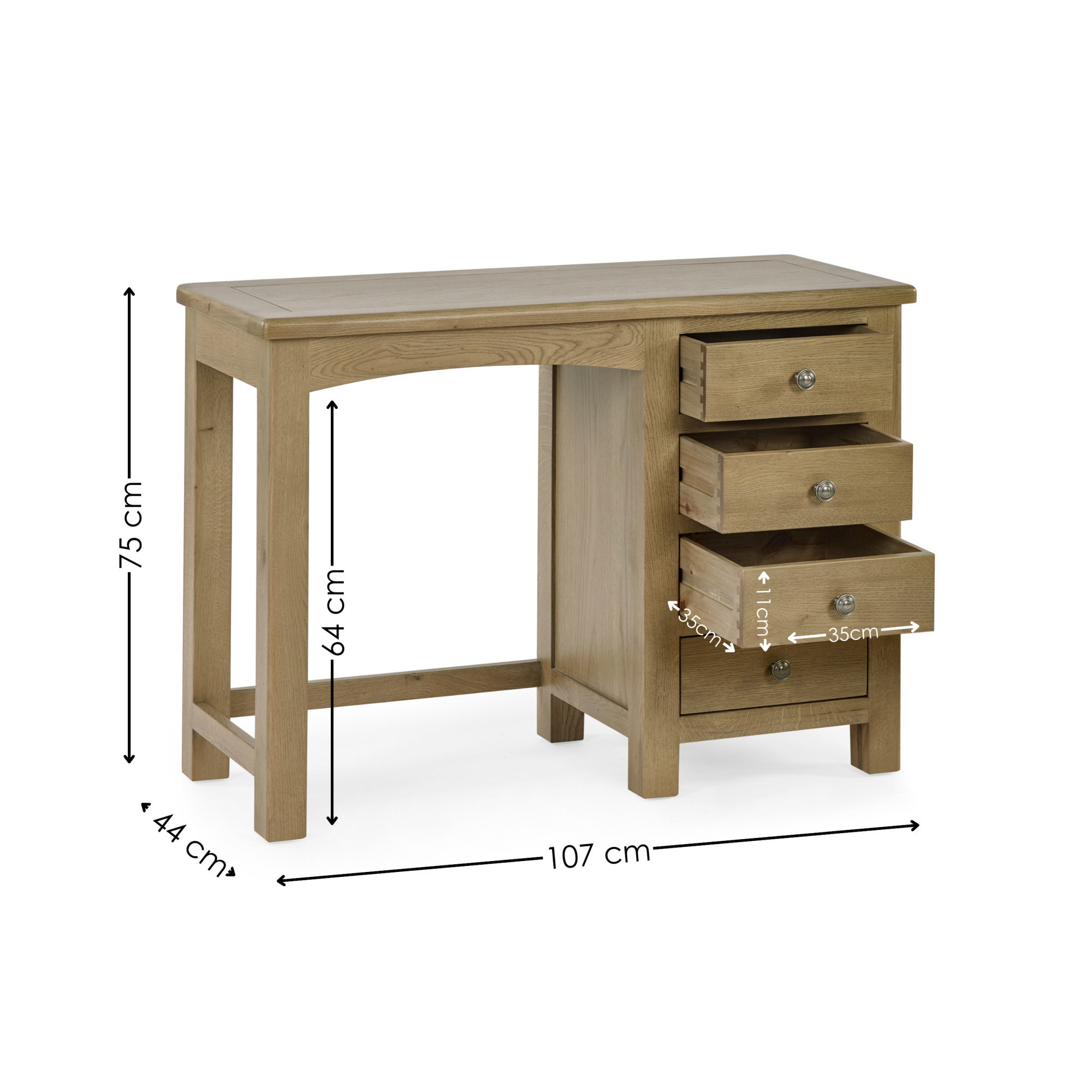 cut out of solid oak dressing table with four right hand drawers with black arrow line dimensions to indicate size