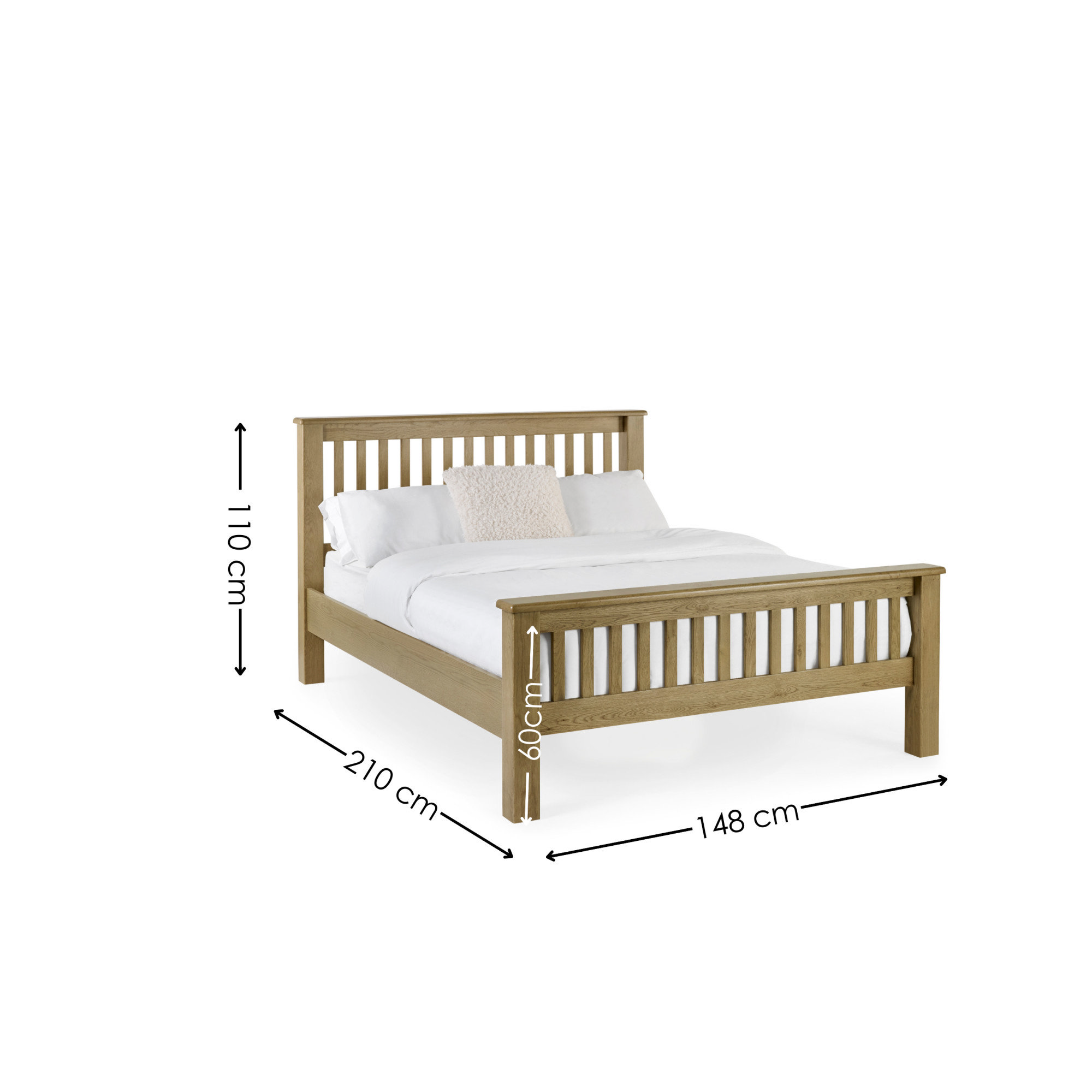 image cut out on white background of solid oak slatted bed with black arrow line dimensions to show size