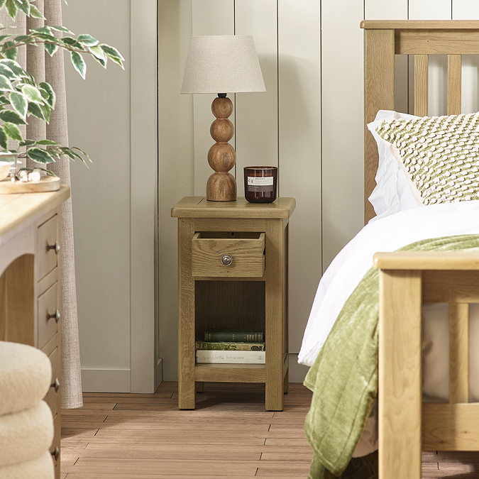 image of slim 1 drawer bedside table with drawer open