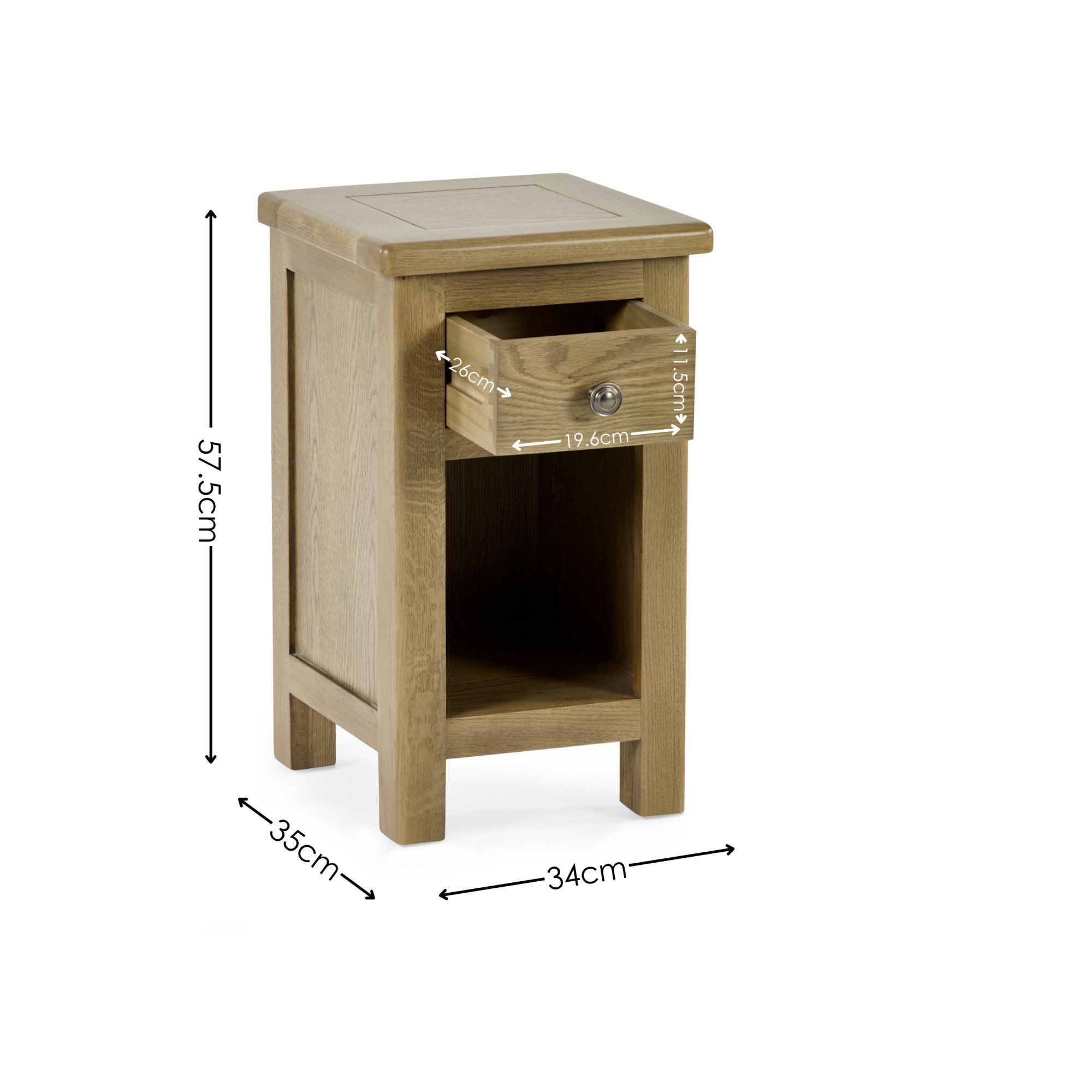 image cut out on white background of slim 1 drawer bedside table, with black arrow line dimensions to show size