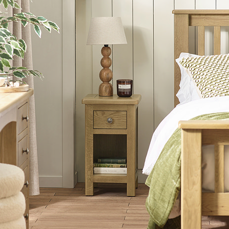 image of slim bedside table with small drawer and undershelf compartment