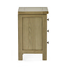 side on image cut out on white background of slim three drawer oak bedside table